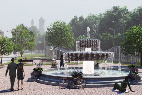 Классический фонтан на территории бизнес-парка в Московской области